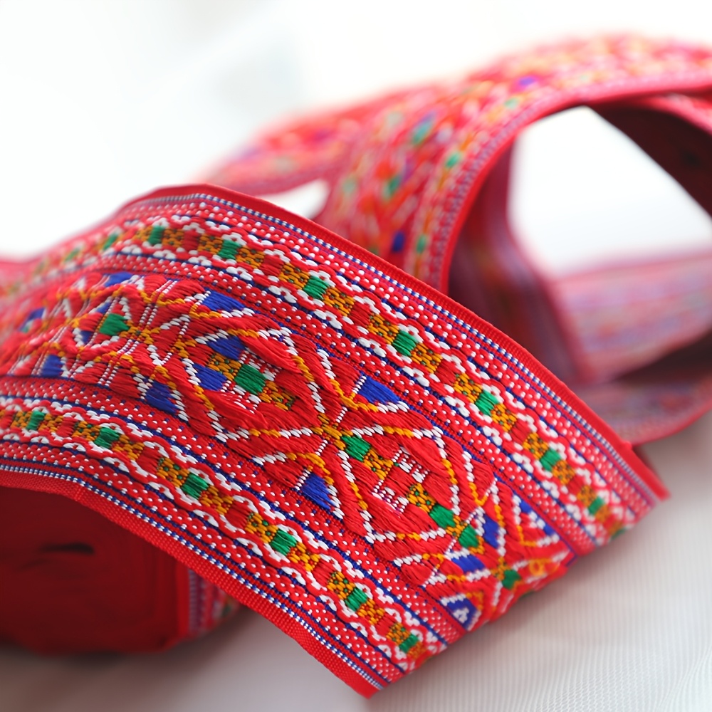 TEMU Ethnic Geometric Jacquard Trim Ribbon, Festive Tribal Red Woven Decorative Tape With Oxford Cloth Backing, Wide Embroidered Style Boho Folk