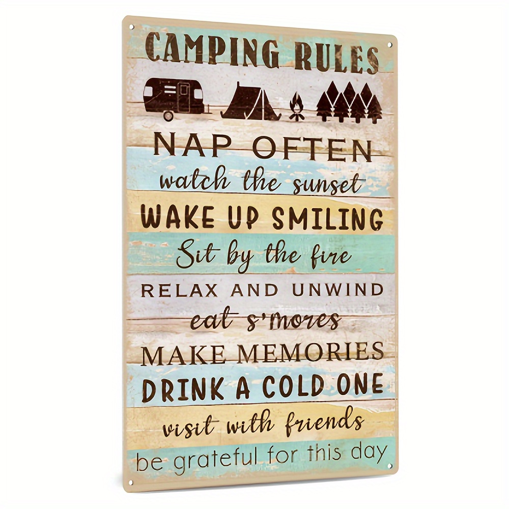 

Putuo Decor, 1 Piece Funny Camping Rules Metal Tin Sign Rustic Wall Art Poster Plaque For Home Camper Room Farmhouse Decor Gifts, 7.8 X 11.8 Inches