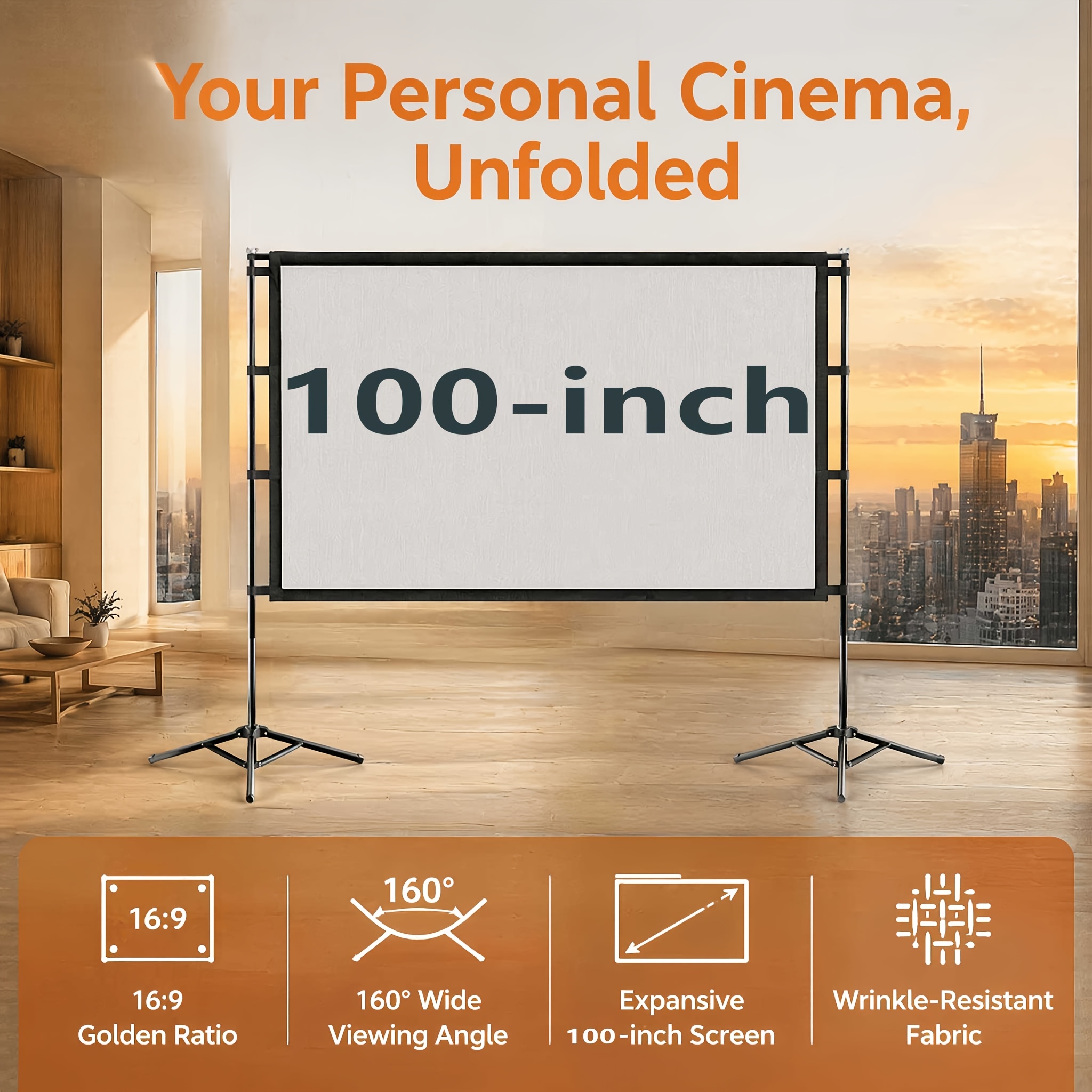 Image of 100-inch Portable Mobile Projection Screen With Tripod Stand, 16:9 Hd Projection Screen, Easy To Operate, Suitable For Home Use, Suitable For Office Presentations And For , , Holiday Gift