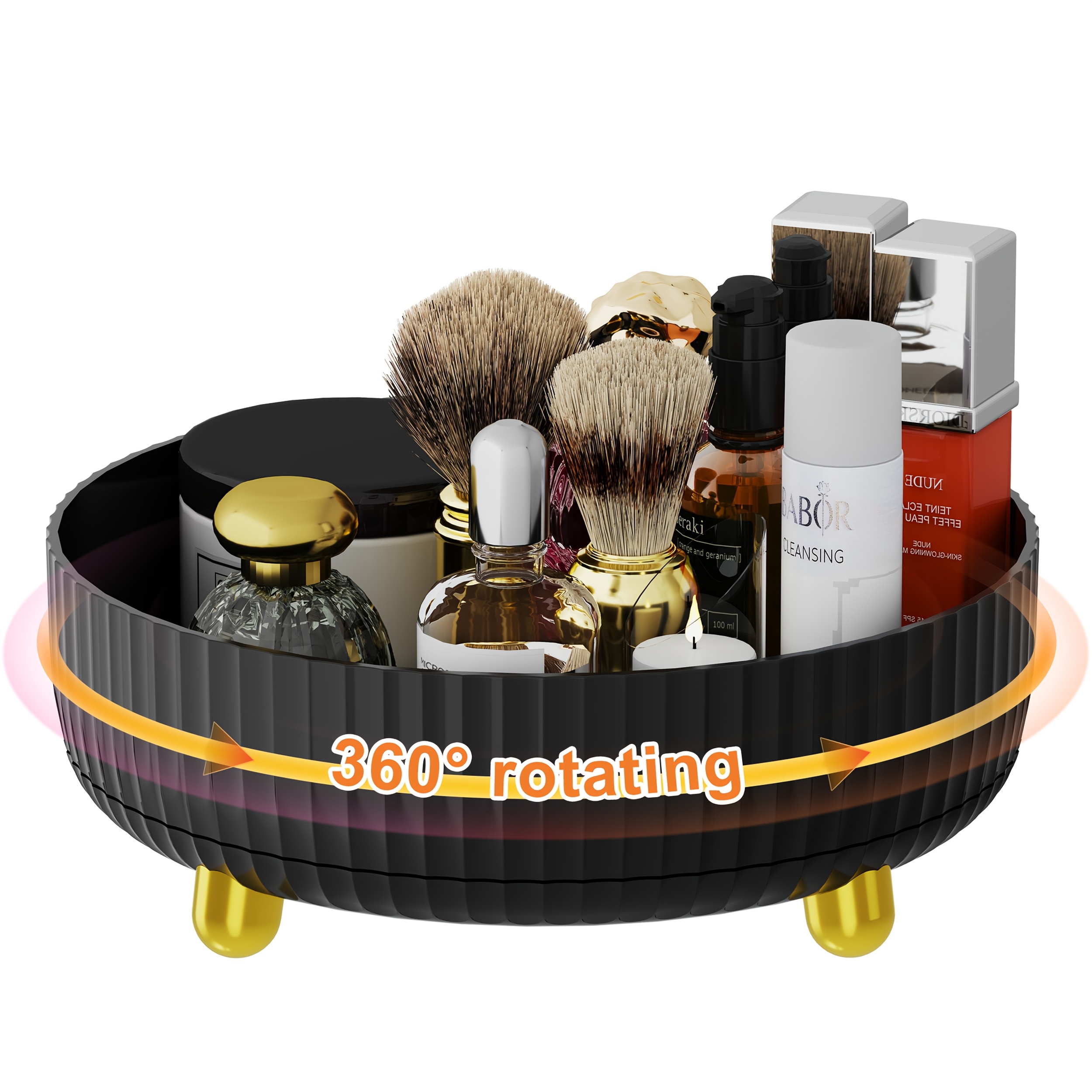 Image of 1pc Large Capacity 360-degree Rotating Makeup And Perfume Organizer - Sleek Vanity Storage Tray With Golden Accents, Ribbed For Stability, No , Vanity Tray