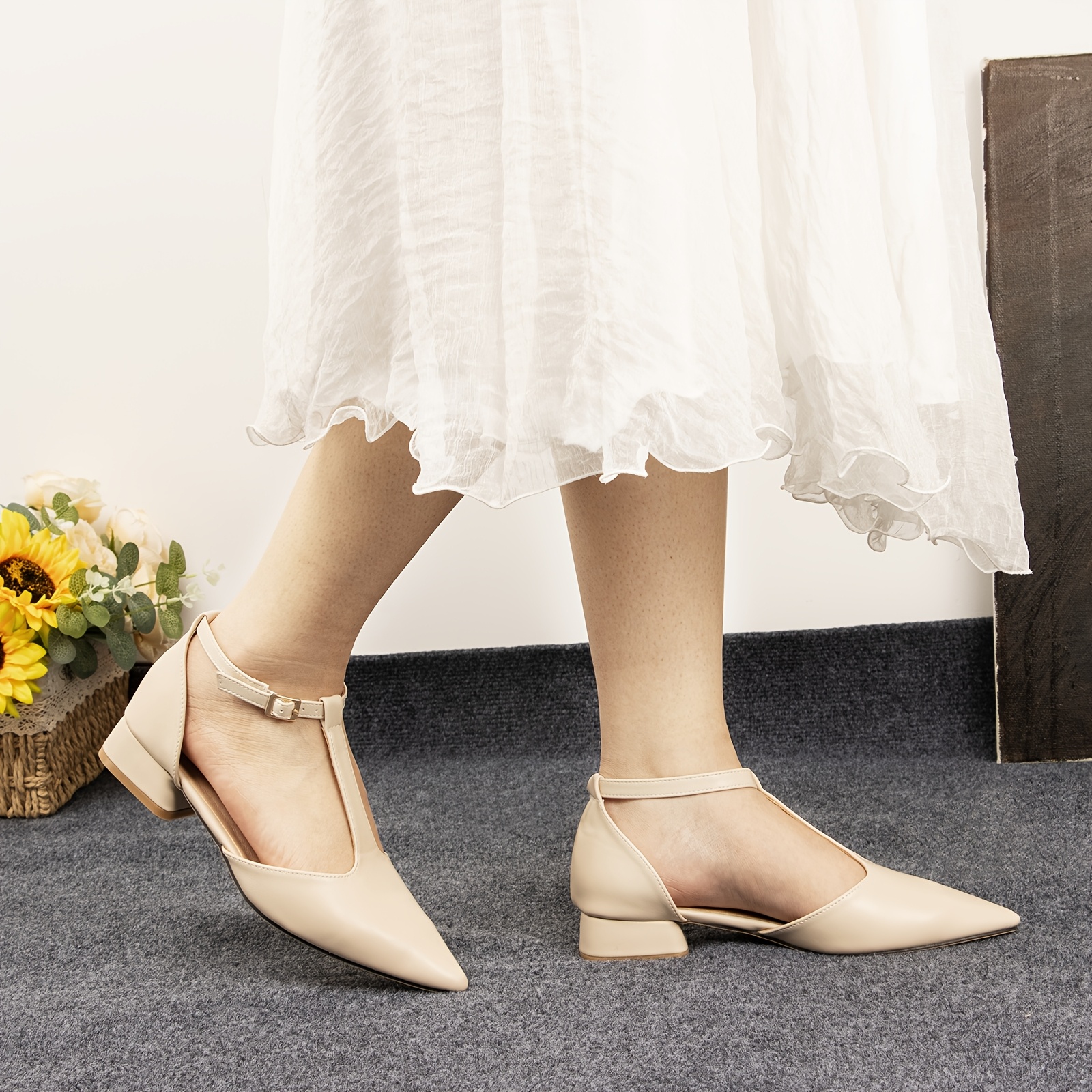 Women's Nude Low Block Heel Pumps Shoes - Chunky Heel Pointed Toe Pumps  with Adjustable * Ankle Strap, Cushioned Insole & Non-Slip Sole - Upper &  PVC ...