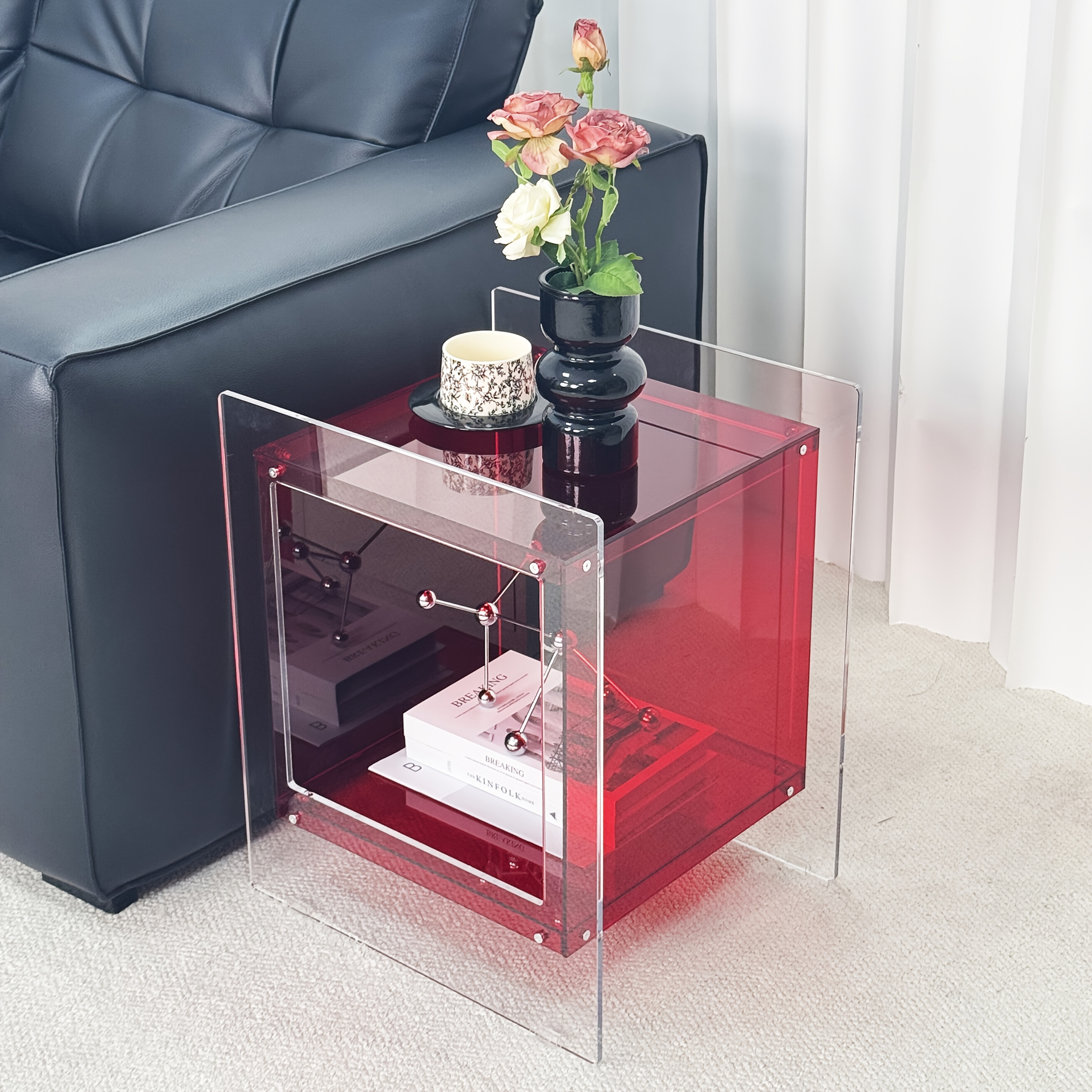AESOME Modern Clear Acrylic Nightstand with Open Shelf - Portable Bedside Table Suitable for Small Spaces, Multicolor Contemporary Shelf Unit, Assembly Bedside Storage for Bedroom, Bathroom, Office, Living Room, Non-Wood