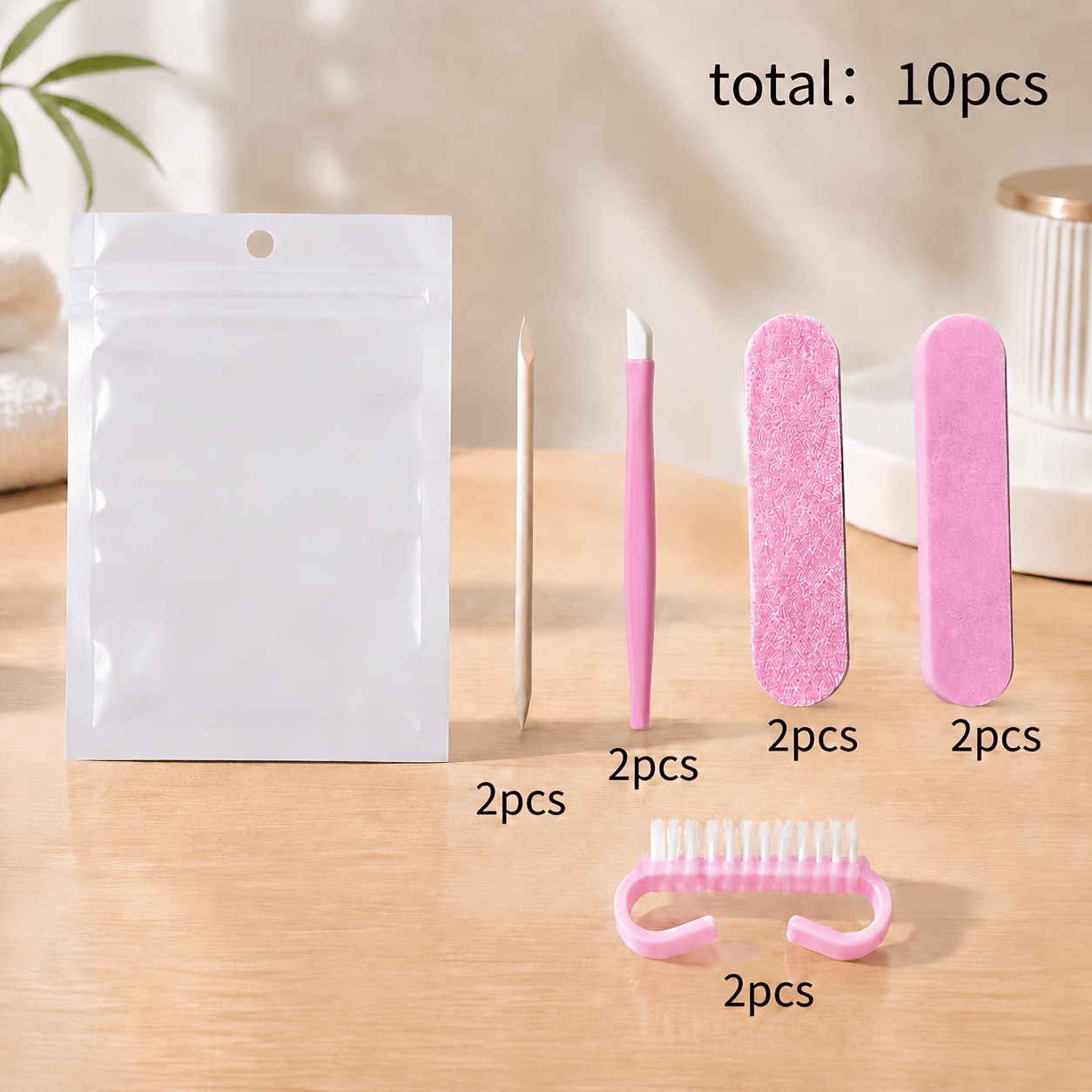 TEMU Kit de soin des ongles 10pcs, à ongles, lime à ongles double face, repousse-cuticules en bois et brosse de nettoyage des ongles