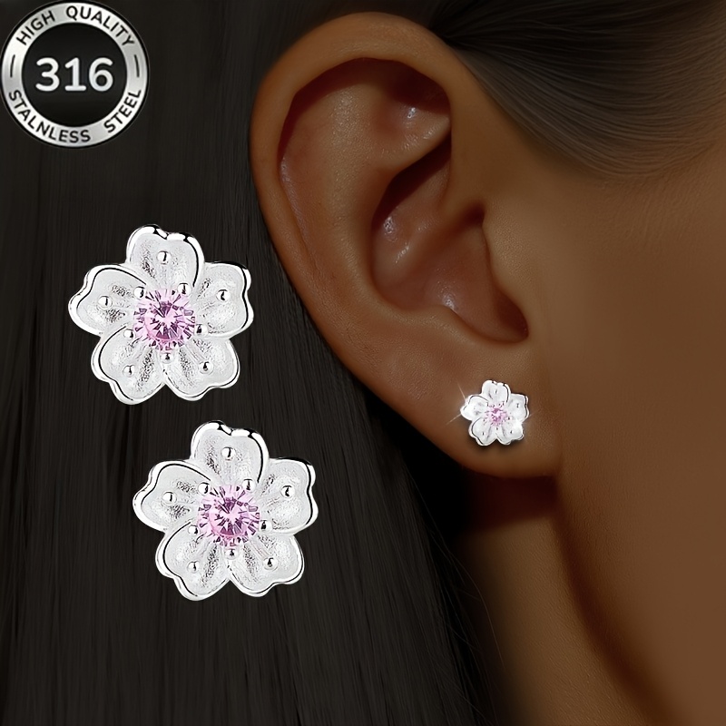 E-shop 1 Paar Damenohrringe – 316 rosa synthetische Zirkonia-Blüten-Stecker – Kirschblüten-Stecker – Klassisches einzigartiges Design –