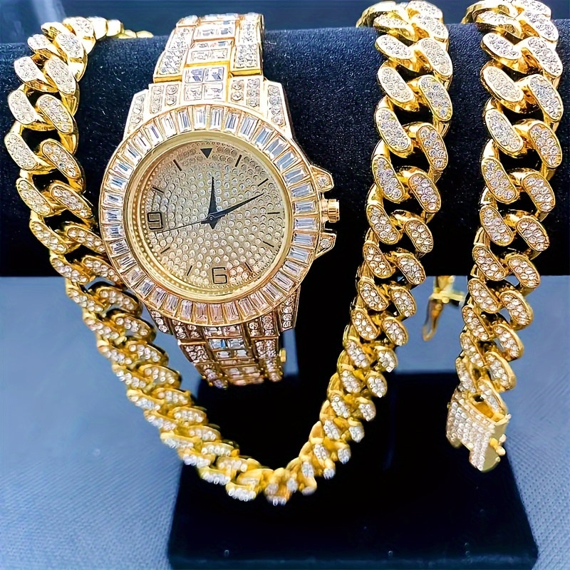 set of 3 pieces watch set for men and women mens cuban necklace and bracelet set christmas gift