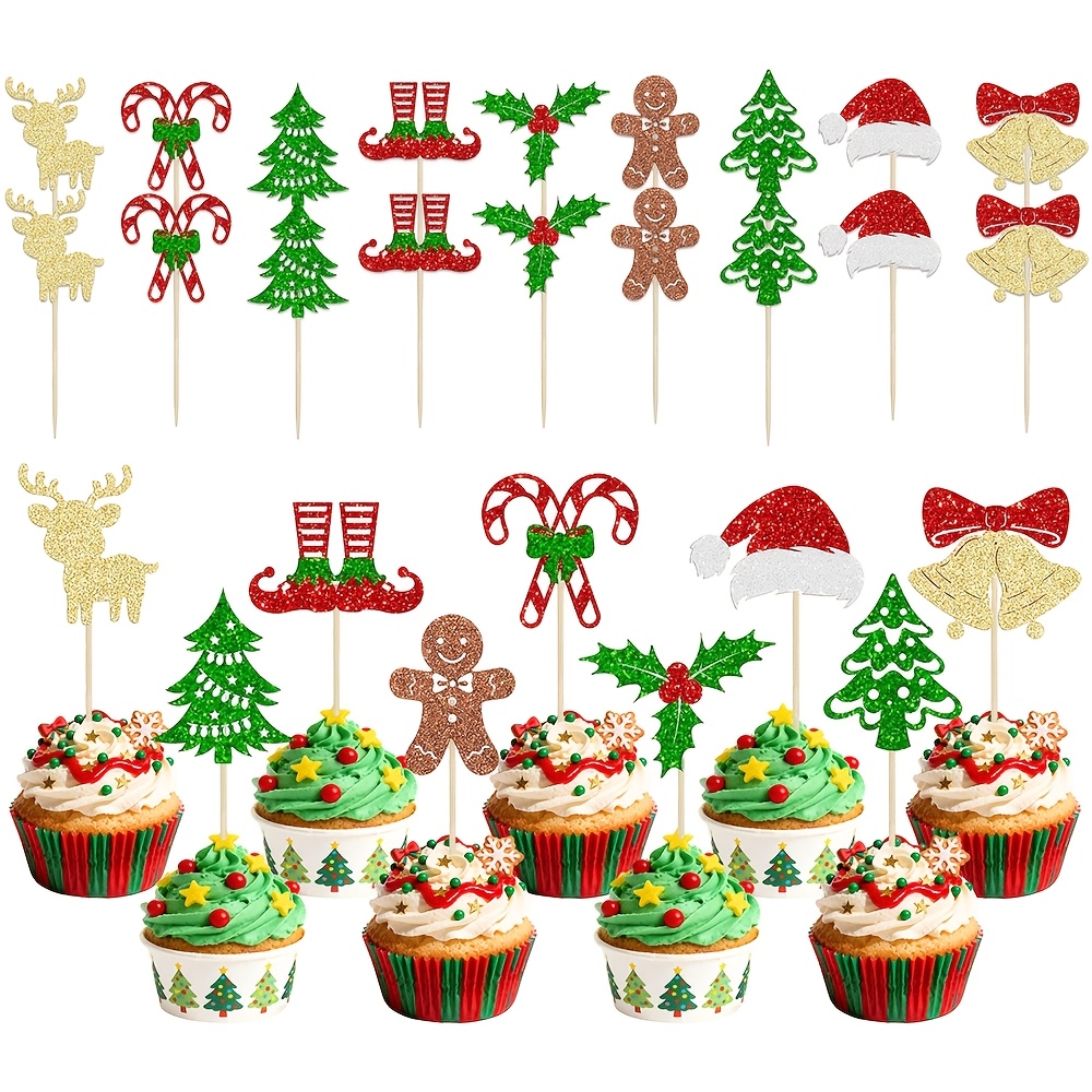 TEMU 18pcs Multicolor Glitter Christmas Cupcake Toppers, Reindeer Candy Cane Christmas Tree Elf Legs Holly Gingerbread For Man Santa Hat Bell Xmas