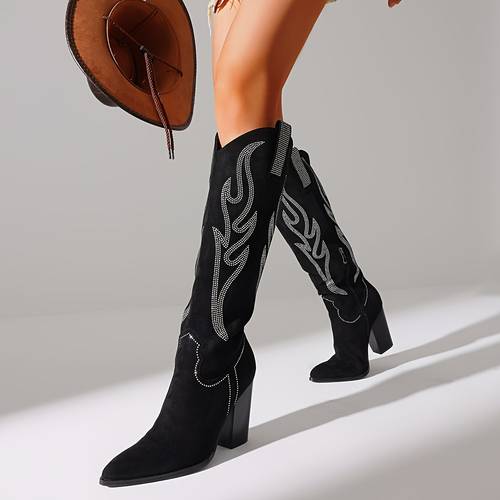 women western boots calf chunky high heel glitter pointed toe side zipper knee high shoes vintage retro elegant cowgirl boots