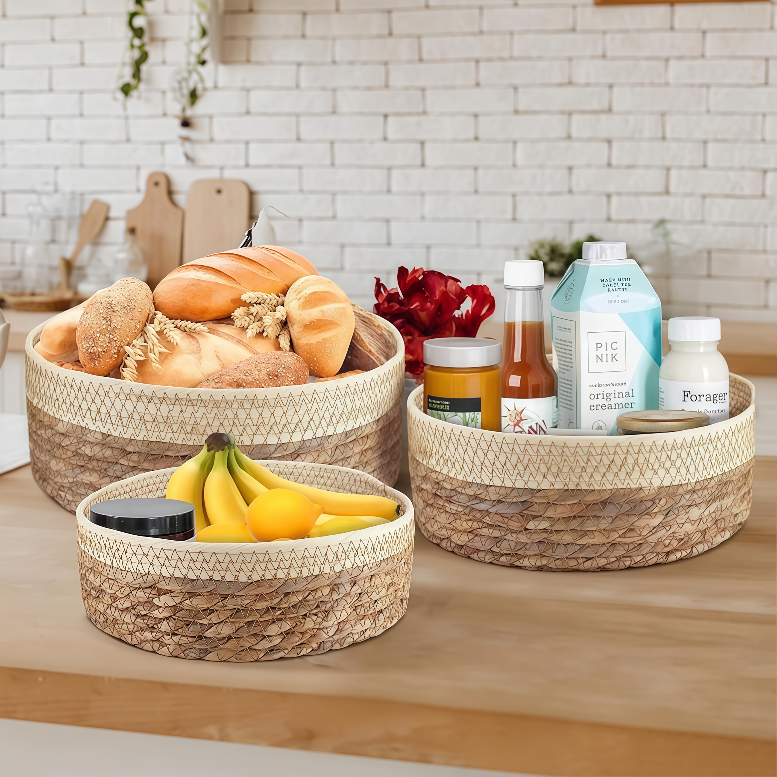Juego de 3 cestas redondas de mimbre para almacenamiento en estilo rústico, ideales para organizar juguetes, snacks y artículos de tocador, perfectas para la decoración del hogar y como regalo de boda, cestas para estantes