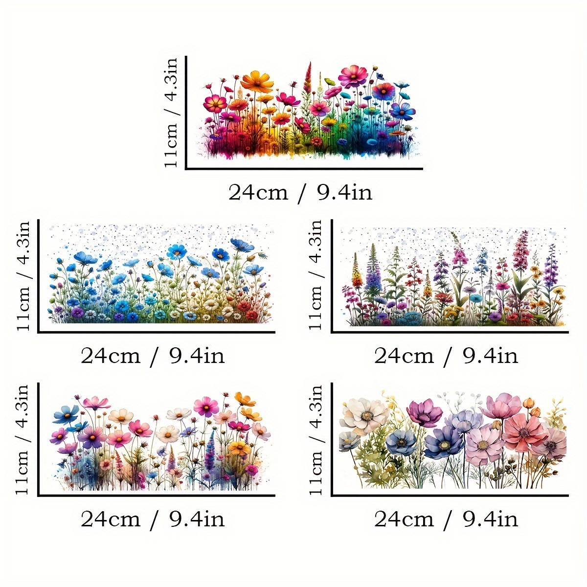 E-shop Set mit 5 Wildblumen UV DTF Transfer, entworfen für Glasbecher, mit floralen Aquarellmotiven. Ideal zum Aufbringen auf 16Oz Glasflaschen. Diese