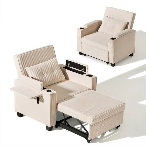 1pc Corduroy Single Sofa Bed 3-in-1 Recliner Pull-Out Sofa Armchair, 3-Position Adjustable Backrest ( °-160°), Storage Space & Cup Holder