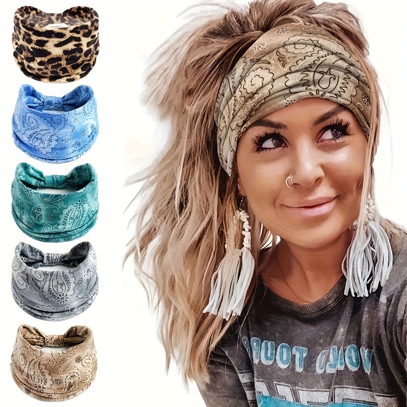 Image of 5pcs Set Of Fashionable Printed Women's Yoga Headbands, Bohemian Style Soft Breathable Elastic Hairbands For Women's Yoga, Running, And Daily Wear