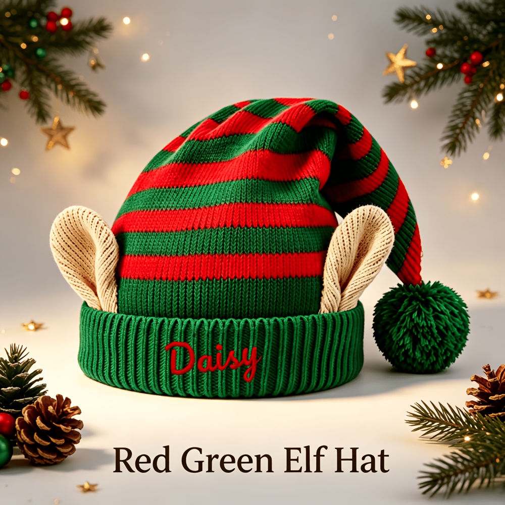 TEMU Personalized Custom Christmas Elf Ear Knit Hat With Embroidered Name/number & Ball Accent - Elastic Suitable For, Family Matching Winter Hats,