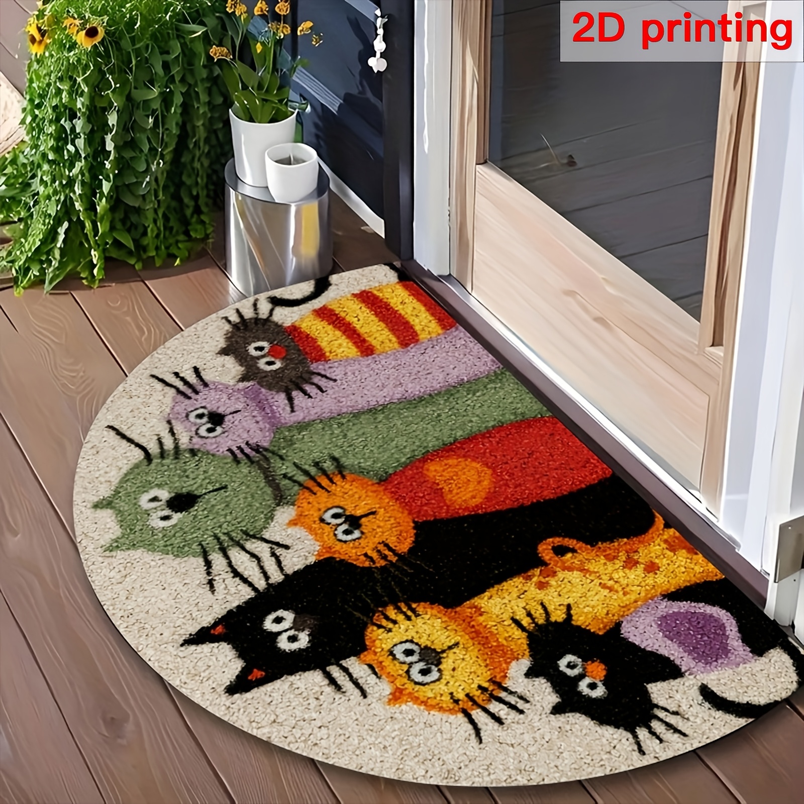 E-shop 2D Flache Halbrunde Humorvolle Cartoon-Katzenmatte - Bunt, Rutschfest, Innen-/Außenmatte, Geeignet für Eingangsbereiche, , Gärten, Küchen -