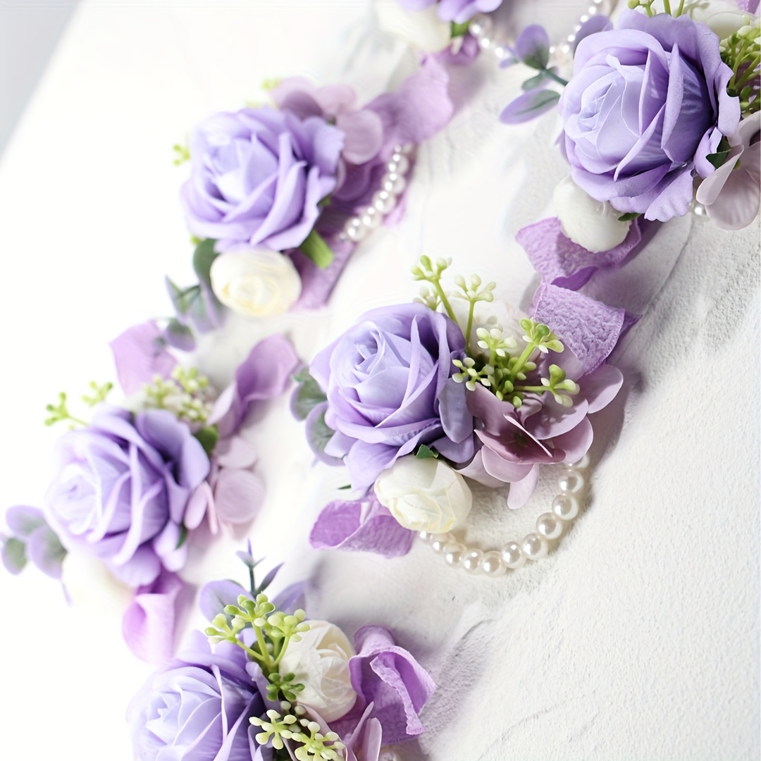 E-shop 6-teiliges Damen-Hochzeits-Handgelenk- Brust-Corsage-Set, elegante künstliche Rosen-Eukalyptus-Handgelenksblumen, für Bräute,