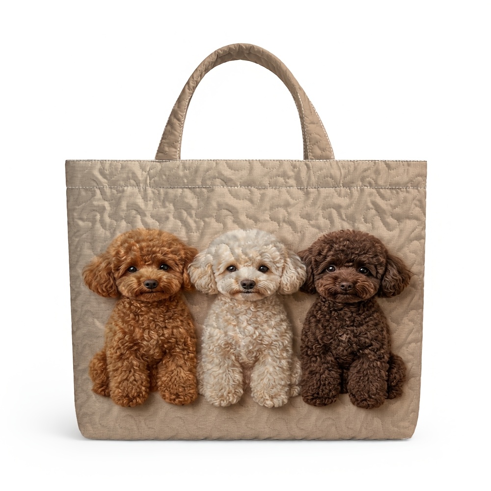 TEMU 1pc Quilted Reusable Grocery Bag, Large-capacity Soft Tote Bag, 3 Poodle Puppies Pattern, Durable, Lightweight, And Foldable, Ideal For Women'