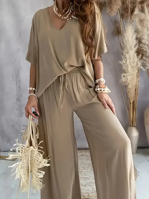 womens spring summer autumn new solid color casual pants set with v neck loose top and drawstring wide leg pants 2pcs suit fashionable holiday gift
