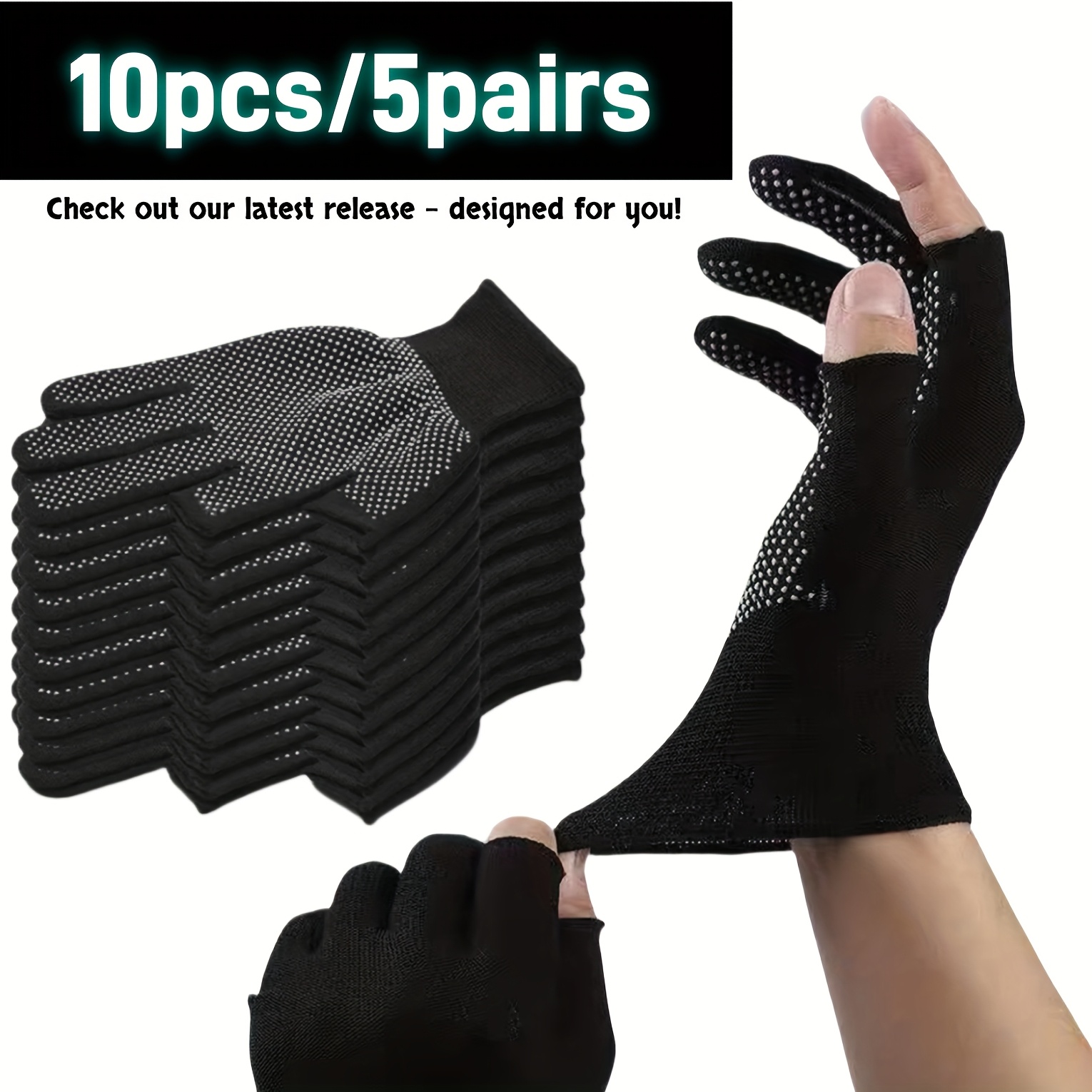 E-shop 20/10 Stück (10/5 Paar) Nylon-Griffhandschuhe mit weißen Punkten - schwarz, leicht und langlebig, geeignet für Radfahren, Angeln und Wildfischen
