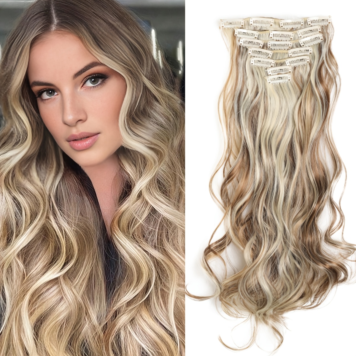TEMU 20/28-inch Long Wavy Clip-in Hair Extensions, 7pcs Per Set, Thick Strands, Invisible , Soft Synthetic Fiber, Black, For Women
