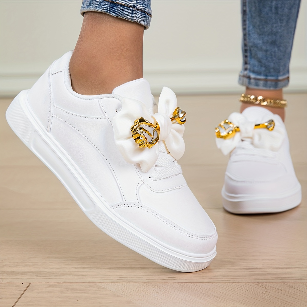 Image of Women's Casual Lace-up Sneakers, Decorated With Bows And , Non-slip Comfortable Multi-functional Commuting Shoes, Outdoor Shoes