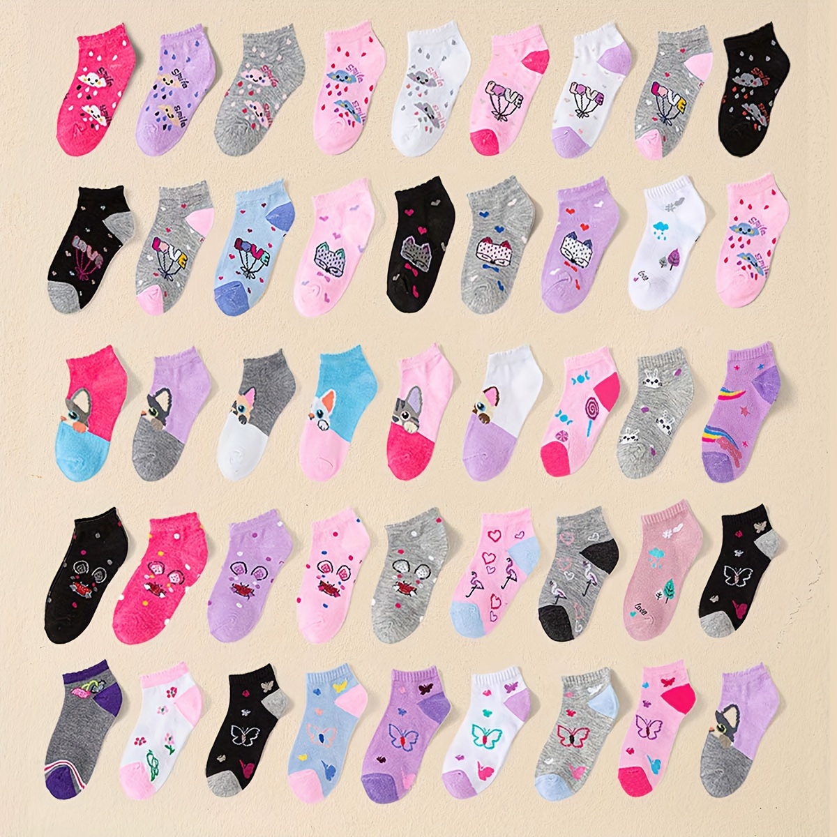 

12-pack Cartoon Patterned Polyester Socks For Girls, Short Ankle Length, Knit Fabric, Machine Washable, Assorted Colors - Love, Clouds, Butterflies Designs