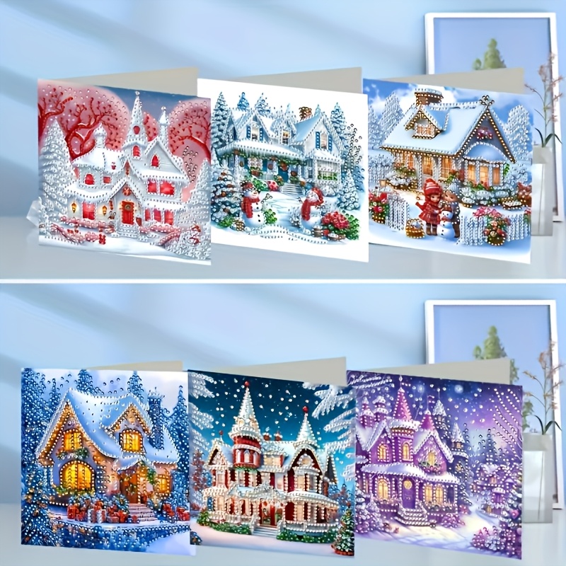 TEMU Lot de 6 cartes de vœux Villages de neige de Noël avec enveloppes, cartes de d'hiver et de maison en pain d'épices ornées de strass, scènes de