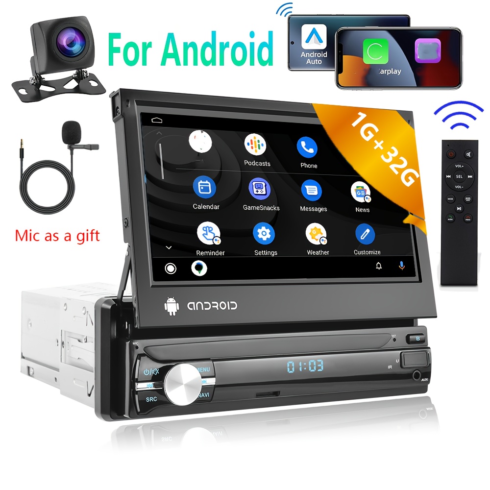 

Podofo 1+32g Car Din With Gps Navigation And Wireless, 7 Inch Flip Out Touchscreen Car Stereo Radio With Wireless For Auto Carplayer Wifi Fm/rds Radio Aux-in + Reversing Camera & Microphone