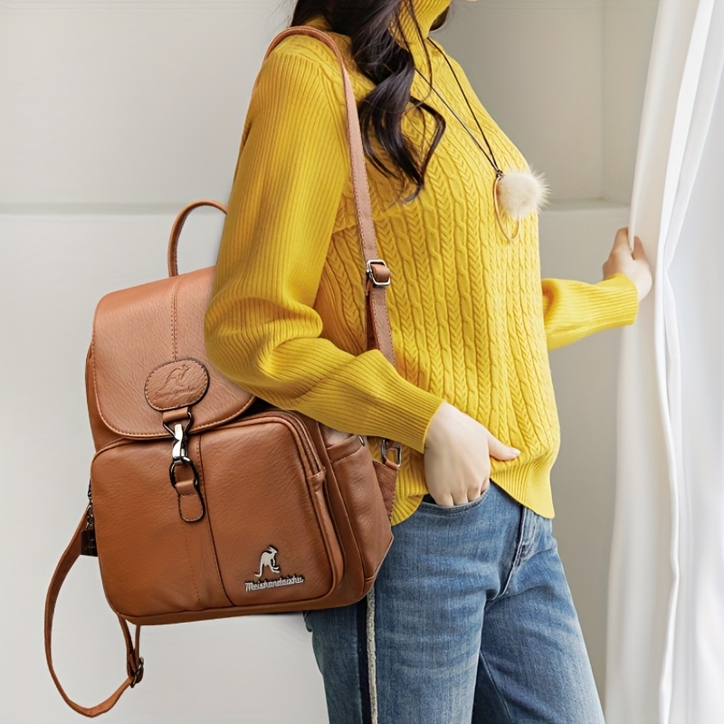 womens genuine leather backpack vintage backpack with zipper closure adjustable shoulder straps front flap pocket elegant everyday formal bag in brown durable polyester lining for women versatile carryall Product details 7