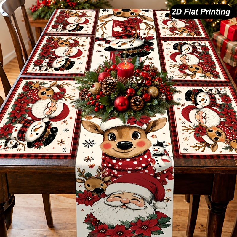 item picture 5 7pcs 2d flat santa snowman reindeer poinsettia table runner and placemat 1pc table runner 4 6pcs placemat seasonal table decorations country farmhouse kitchen decorations for living room restaurant winter decor 2d flat
