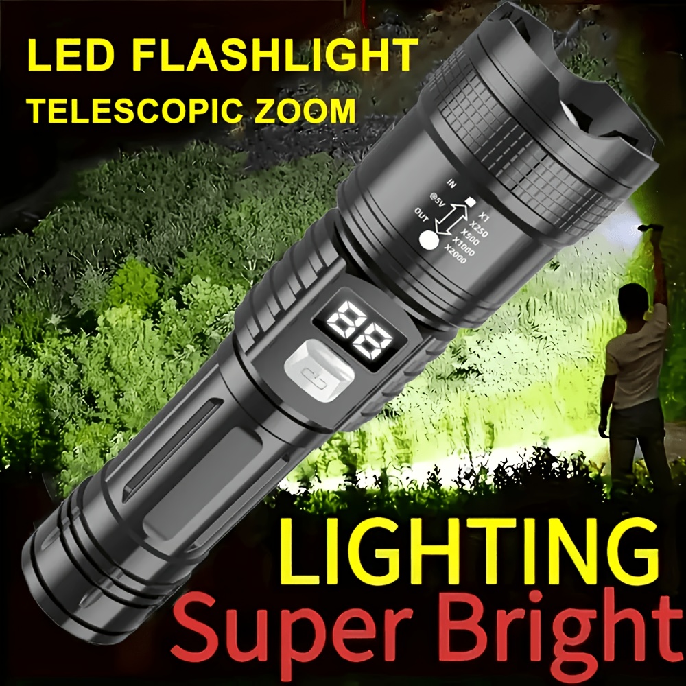 TEMU 1 Rechargeable Led Flashlight, Portable Camping Light, 3 , Digital Display, Usb Charging, Built-in Lithium Battery, Ideal For Outdoor Sports