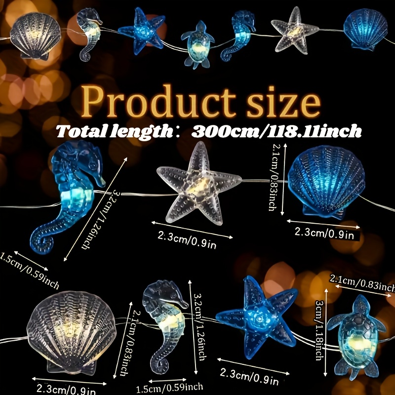 E-shop 30 LED-Lichterkette im Ozean-Design, für eine gemütliche Atmosphäre im Innenbereich, mit Designs von Muscheln, Seepferdchen, Seesternen und