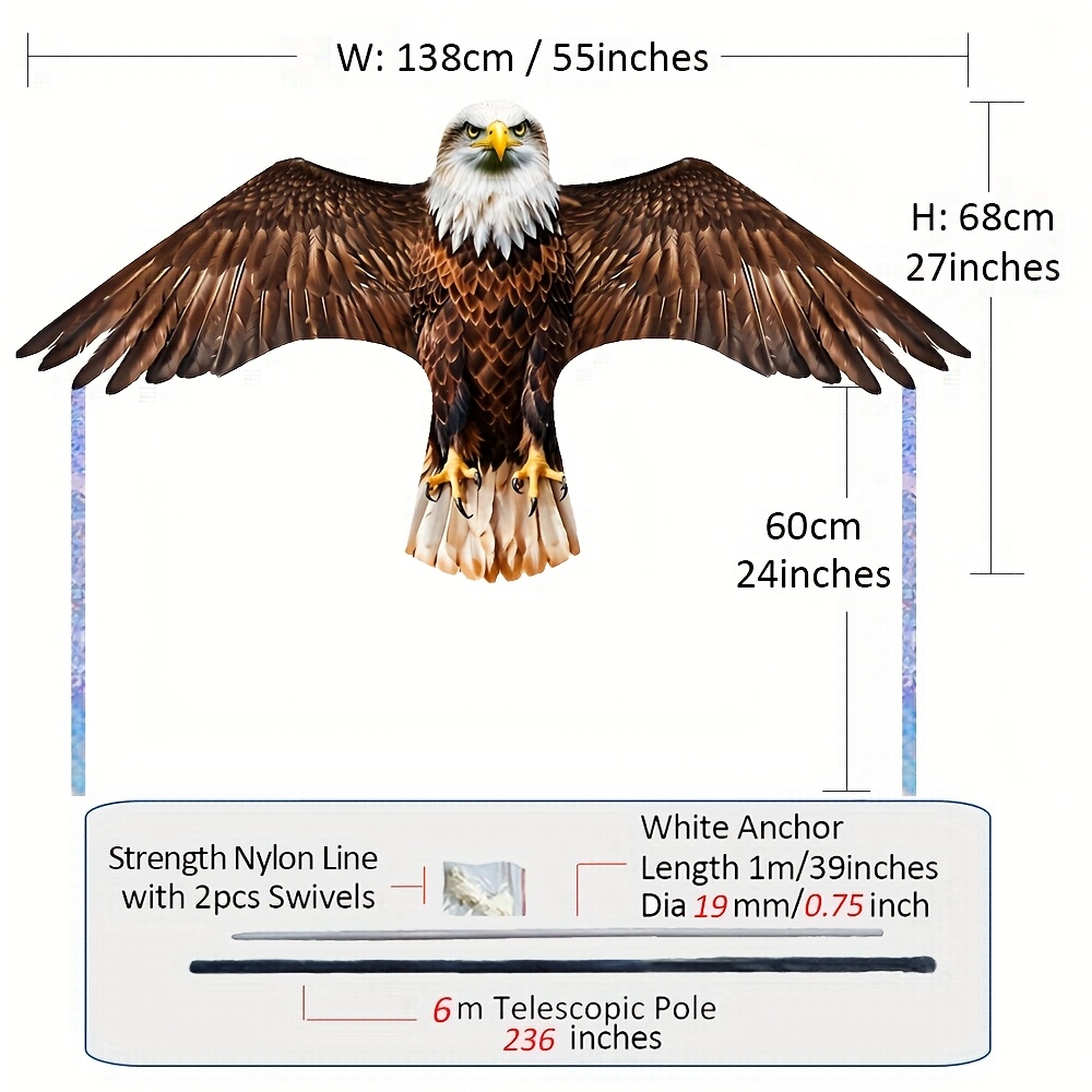 TEMU Nieuw! Realistische Eagle Kite Met Uittrekbare Stang - Vogelverdelger Voor Tuinen, Boerderijen, Gewassen, Vennen - Geen Batterijen Nodig,