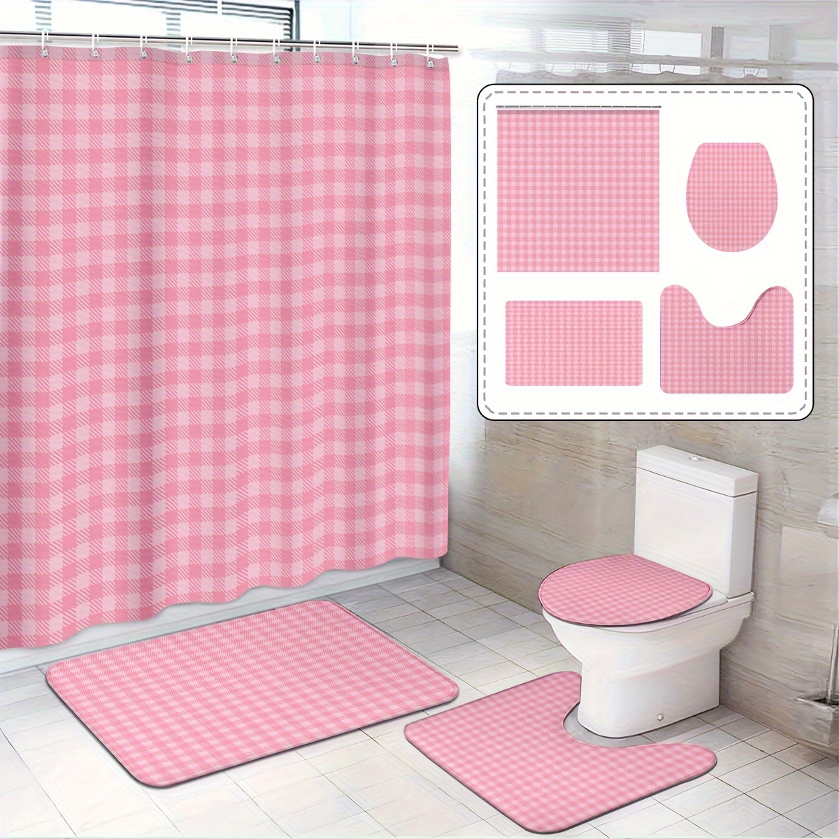 

Pink Gingham Shower Curtain Set With Hooks, Polyester Bathroom Decor, Non-slip Mat, U-shaped Toilet Pad, Lid Cover, Artistic Home Decor, Machine Washable, Waterproof, Knit Weave, All-season, Theme