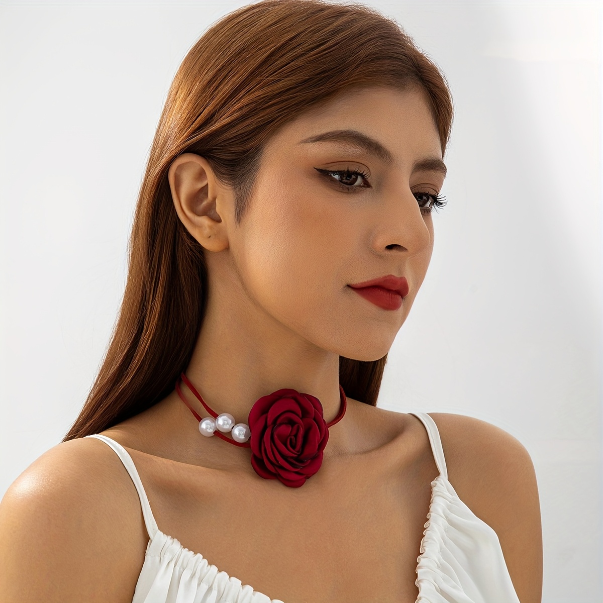 TEMU 1pc Vintage- Burgundy Fabric Three-dimensional Rose Flower Necklace, Suitable For Women's Prom Parties, Gatherings, And As A Gift For