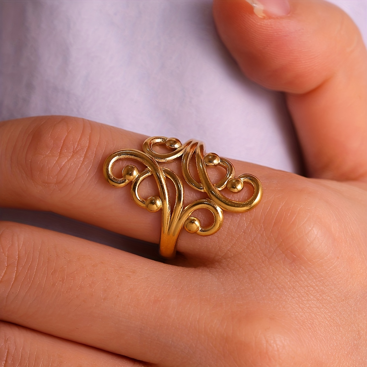 TEMU Stainless Steel Bead Ring With An Intricate Winding Curve Design, A Unique Irregular Fashion Accessory For Women, A Newly Designed Jewelry