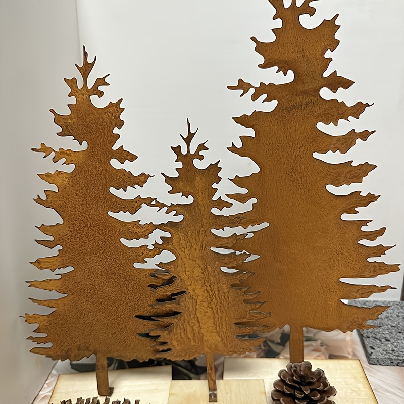 Image of Set Of 3 Christmas Decorations In Rustic Farmhouse Style - Vintage Metal Evergreen Trees, Suitable For , Mantels, And Fireplaces - No Power Required - No Wooden Base