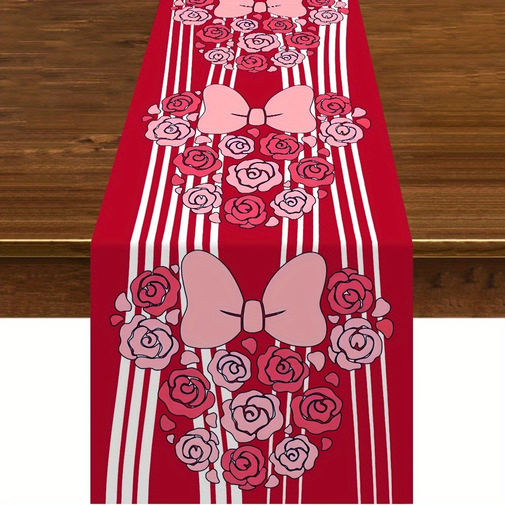 

Romantic Rose And Bow Mouse Head Design Table Runner - Polyester Rectangle Woven Tablecloth For Dining Room, Kitchen, Home Décor, Mouse Head Series Desktop Accessory