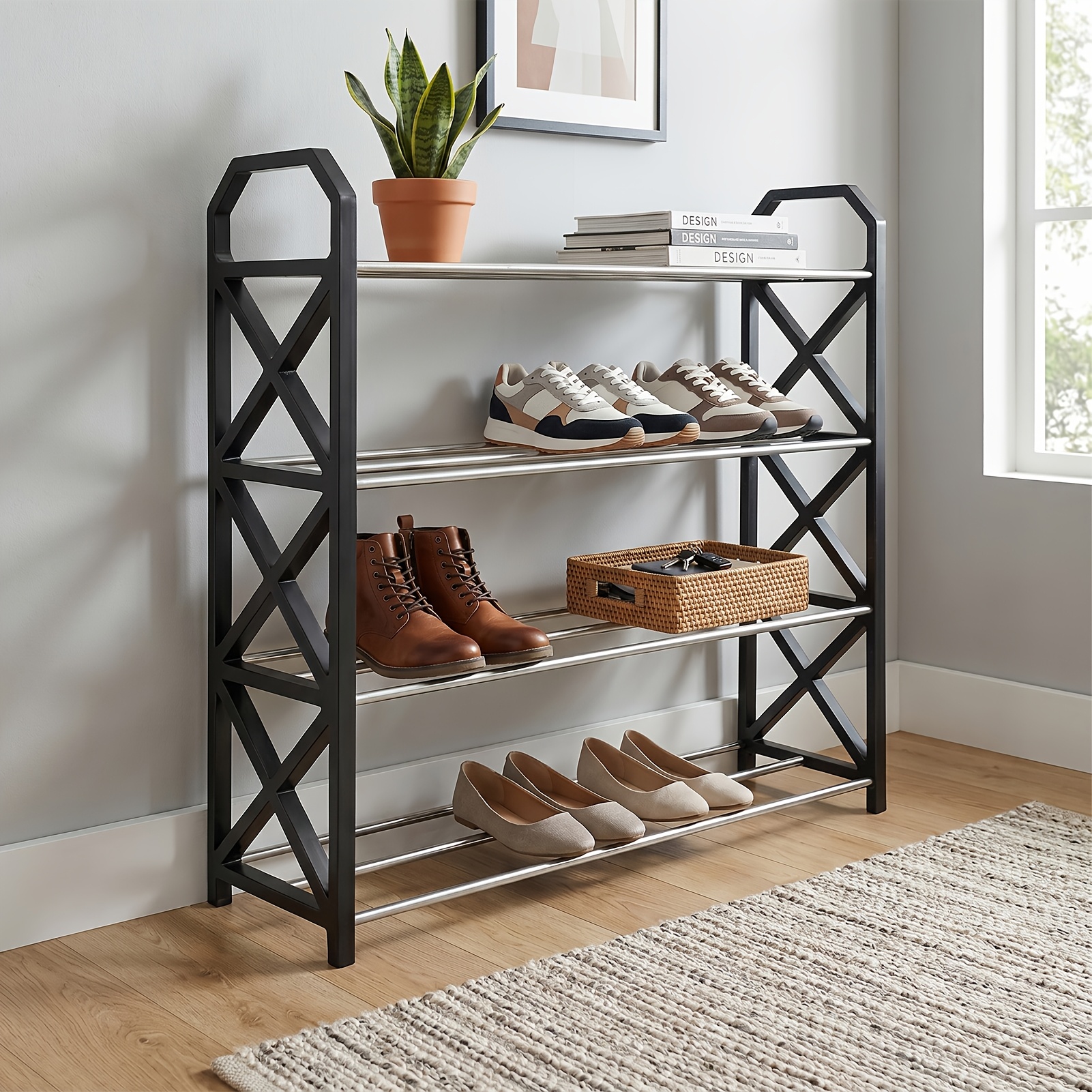 TEMU 1pc -standing Storage Rack, 22.44*23.38*7.28in 4-tier Shoe Rack Organizer, Shoe Shelf For Front Door Entrance And Entryway, Floor Shoe Rack