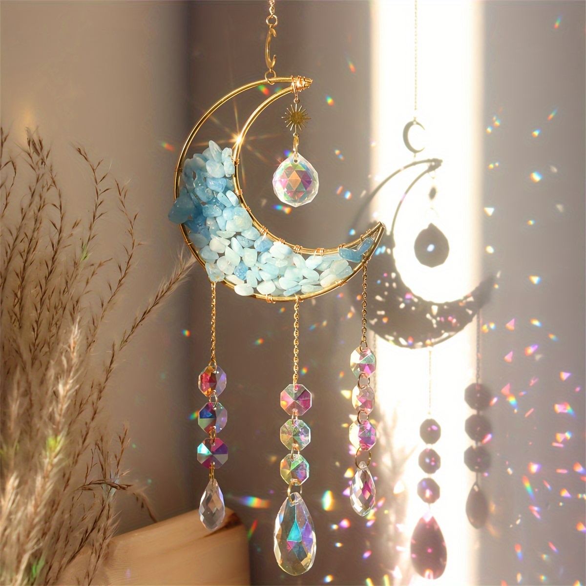 

1/3/4pièces Ensemble De Suncatcher De Jardin En De Croissant D'améthyste, Prismes En Pierre Et Verre Pour Décor De Fenêtre, Fabriquant -en-ciel, Pendentif Suspendu, Cloche À Vent Pour Et