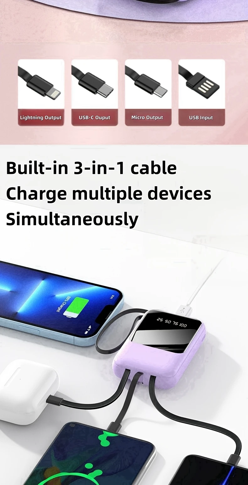 10000mah mini cute 5v2a fast charging multifunctional power bank large capacity rechargeable portable mobile phone charger built in led lights outdoor travel battery packs display micro type c input usb c output for iphone valentines day gift details 2