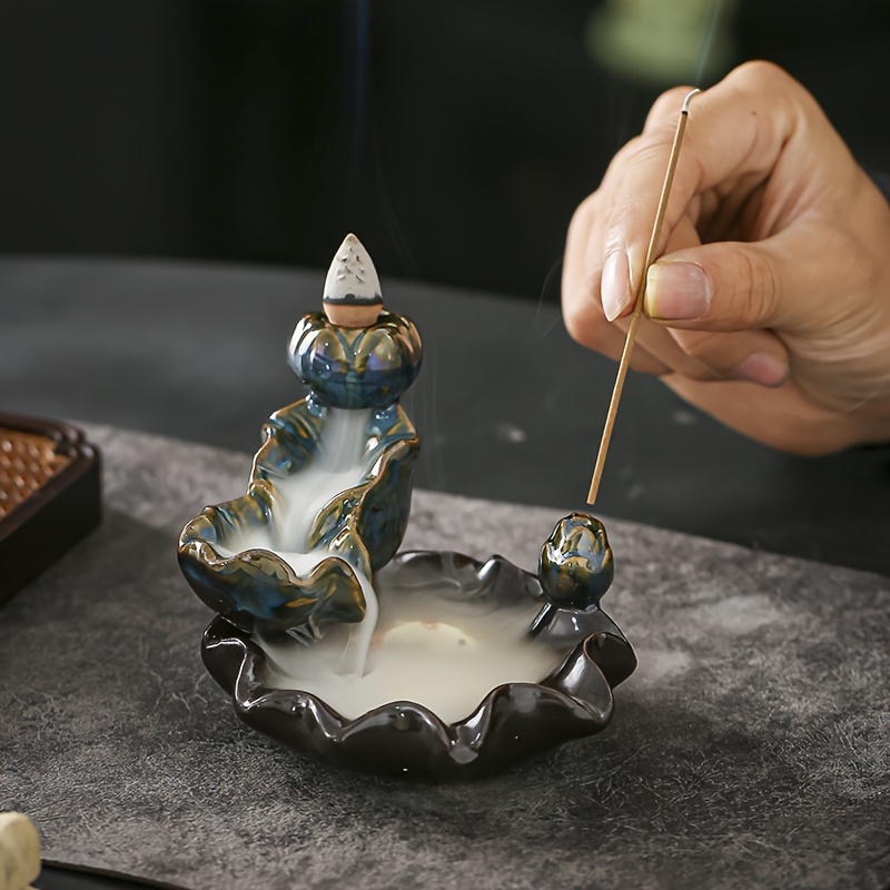 Ceramic Backflow Incense Burner Holder Lotus Waterfall & Incense