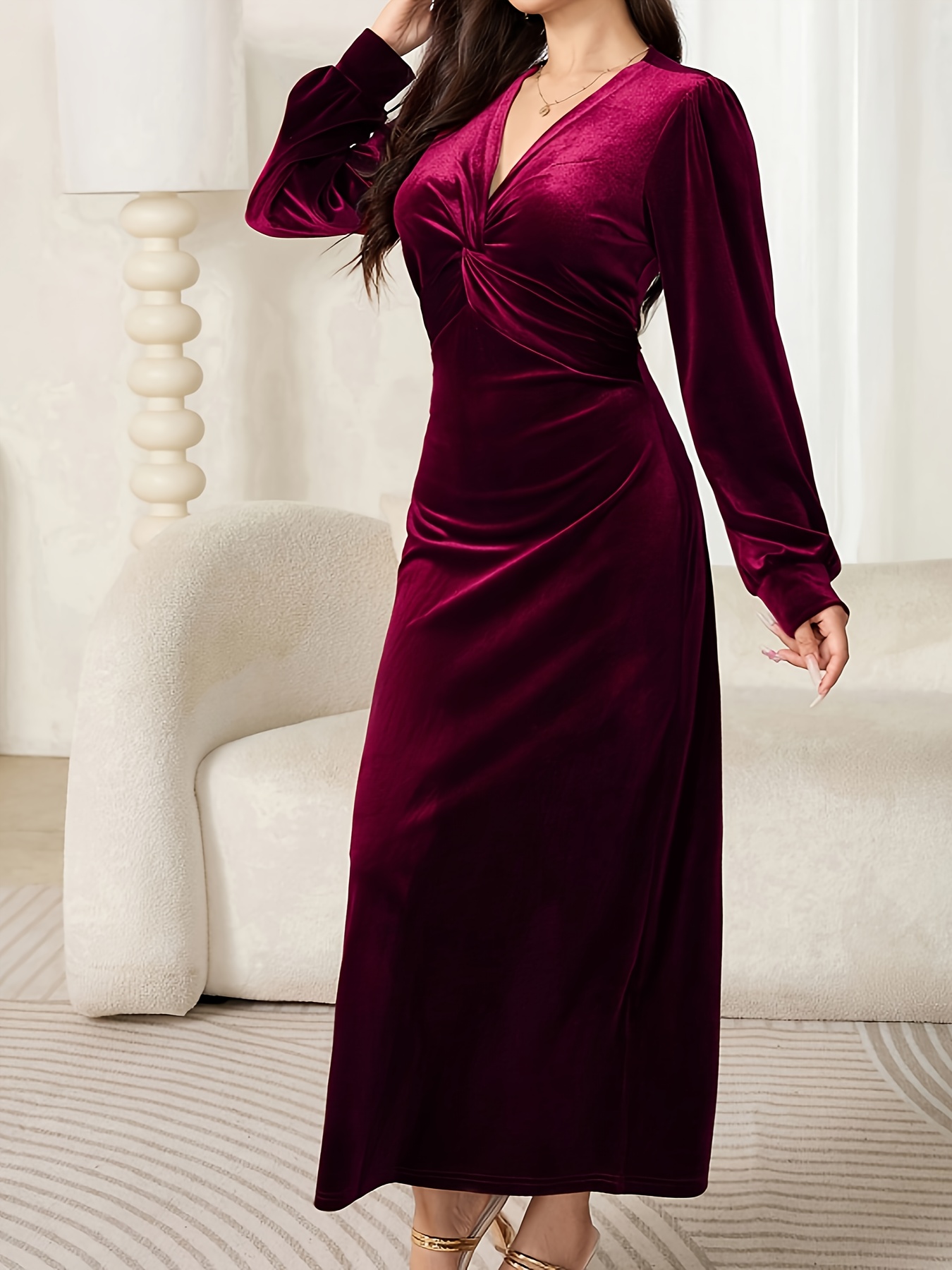v neck twist velvet long sleeved midi dress women's clothing - Temu Canada