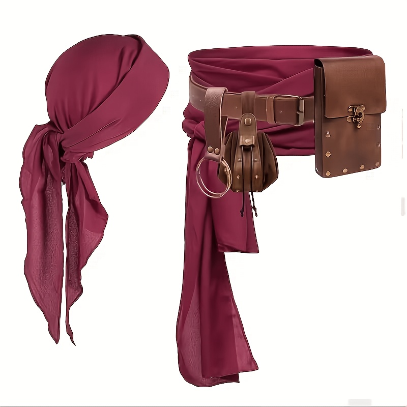 TEMU Medieval Pu Pirate Costume Set, Including A Pirate Headscarf, Wide Scarf, Buckle Belt, Medieval Pouch, Coin Bag, Pu Hook, Festive Outfits,