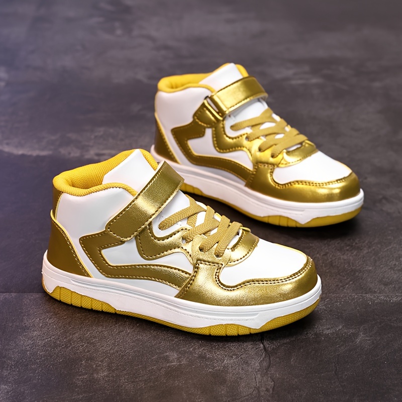 Preppy Gold-tone Boys *-Top Skateboarding Shoes with Geometric Patterns  Style Sneakers for Daily Wear with Adjustable Strap Closure,