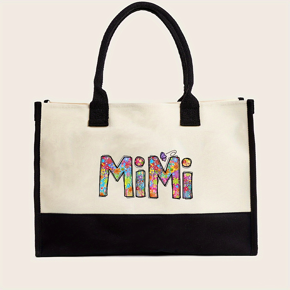 

Floral Mimi Letter Print Tote Bag, Fashion Canvas Handbag, Gift Bag For Wedding Birthday Party, Shopping Bag Travel Beach Bag