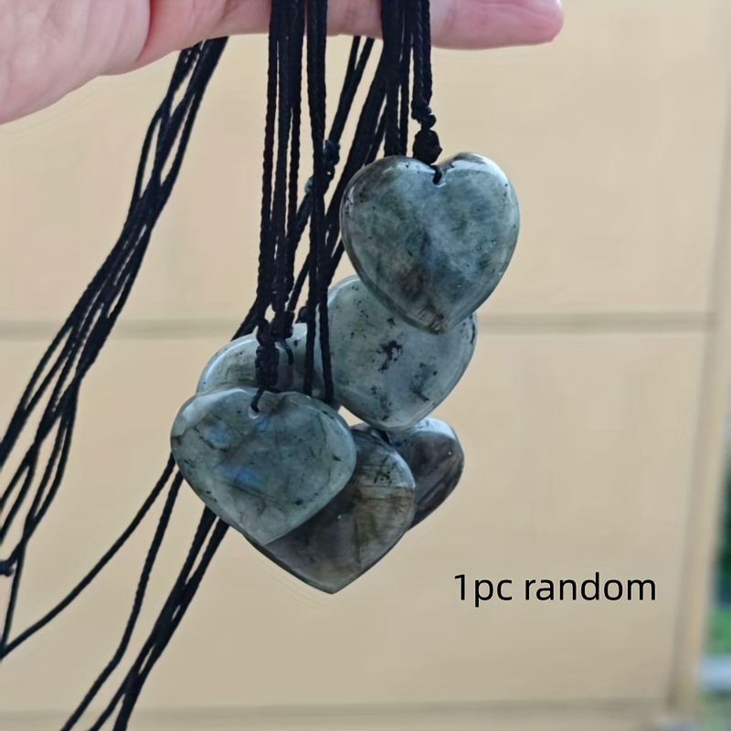 TEMU 1pc Random Natural Labrador Heart-shaped Pendant Necklace - Black Rope With , Suitable For Daily Wear And Parties, Perfect Valentine's Day Gift,