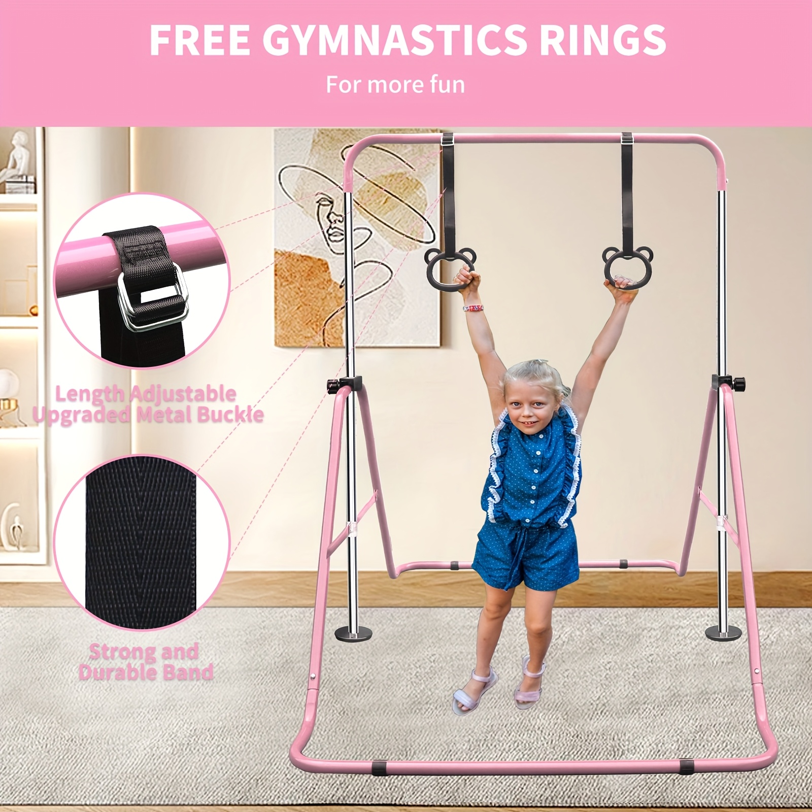 Adjustable Height Kids Monkey Bars with Bear Rings - Foldable Multifunctional Gymnastics Bar for Strength & Balance Training, Heavy-Duty Steel Home Gym Equipment with Non-Slip Base & 110 lbs Capacity, Space-Saving Design for Toddlers & Children (Purple/Green/Blue), Indoor Playset, Playful Design, Sturdy Construction