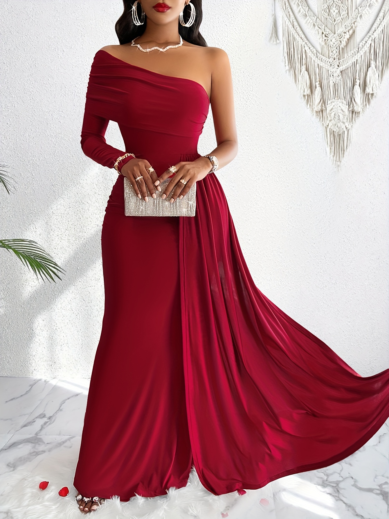 one shoulder sheath dress elegant long sleeve maxi - Temu Sweden