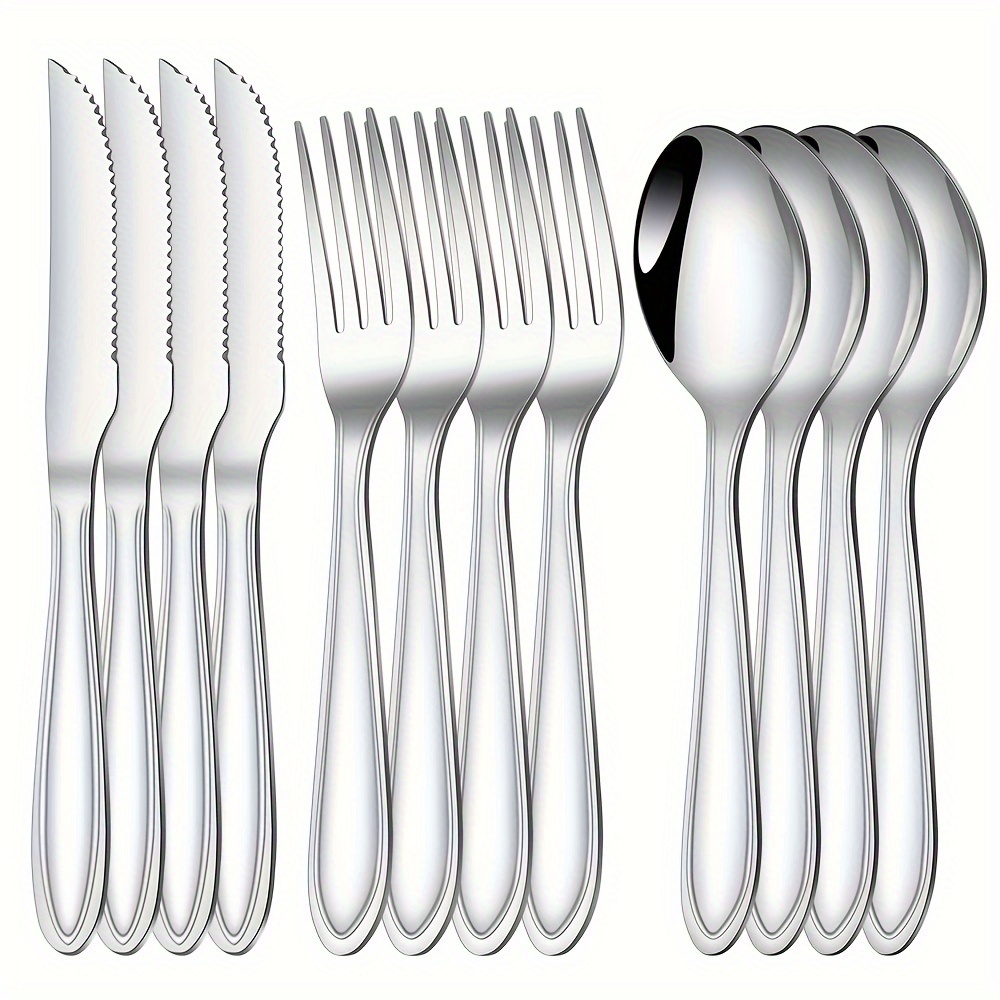 

12pcs Stainless Steel Cutlery Set, Mirror Polished, Dishwasher Safe, Suitable For Home Dining.