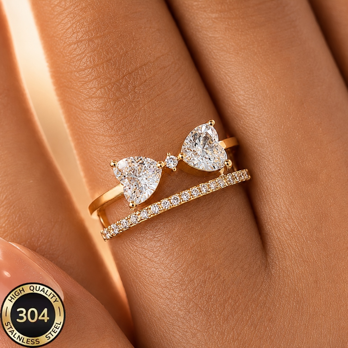 TEMU 304 Stainless Steel Adjustable Open 18k Gold-plated Stackable Ring, Bow-shaped Engagement Ring Jewelry Gift