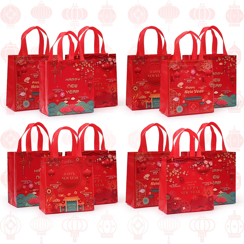 

12-pack Red Fabric Happy New Year Gift Bags With Handles, Non-woven Reusable Tote Bags For And Party Favors